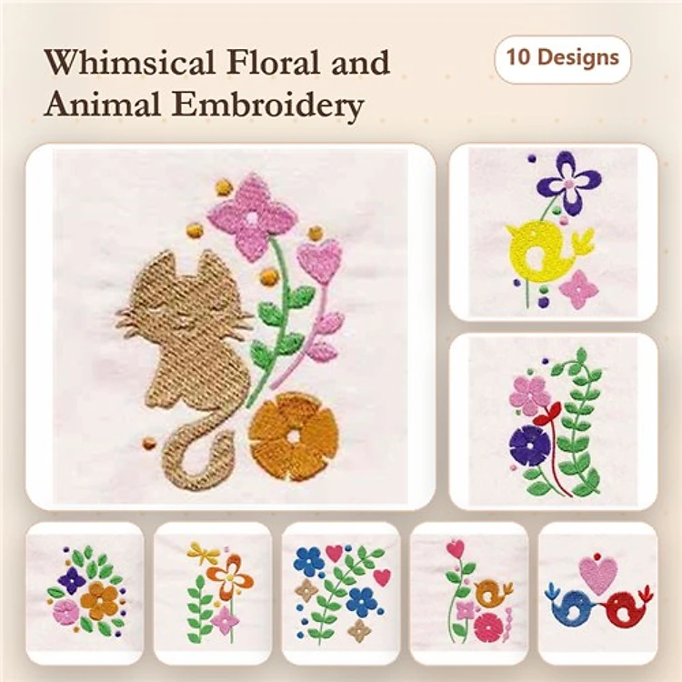Floral & Animal Embroidery Designs Bundle – Cat with Flowers, Colorful Bird, Vibrant Floral Arrangement & More (10 Designs)