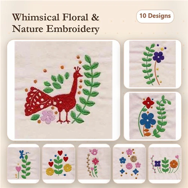 Floral and Nature Embroidery Designs Bundle – Red Peacock with Flowers, Blue Floral Arrangement, & More (10 Designs)