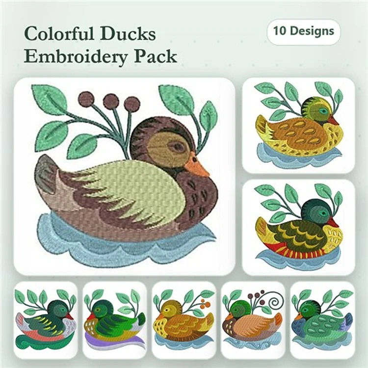 Colorful Ducks Embroidery Designs Bundle – Duck with Leaves, Yellow Duck, Green Duck & More (10 Designs)
