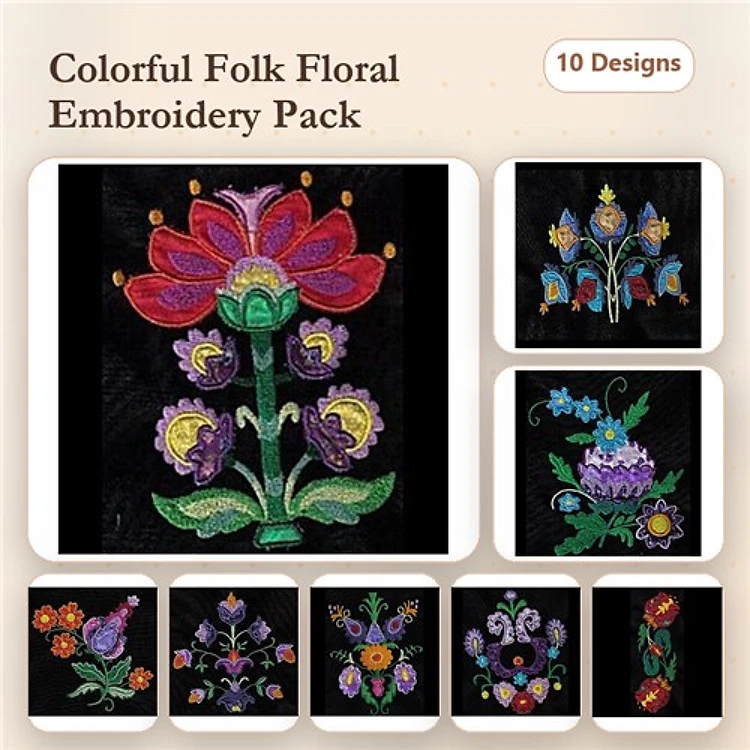Applique Colorful Folk Floral Embroidery Bundle – Red Petals, Blue Accent, Orange Blooms & More (10 Designs)