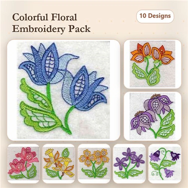 Colorful Floral Embroidery Designs Bundle – Blue Tulip, Orange Flower, Lavender Blossom & More (10 Designs)