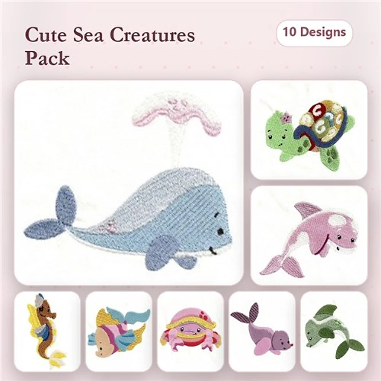 ITH Cute Sea Creatures Embroidery Bundle – Whale with Umbrella, Pink Dolphin, Blue Octopus & More (10 Designs)