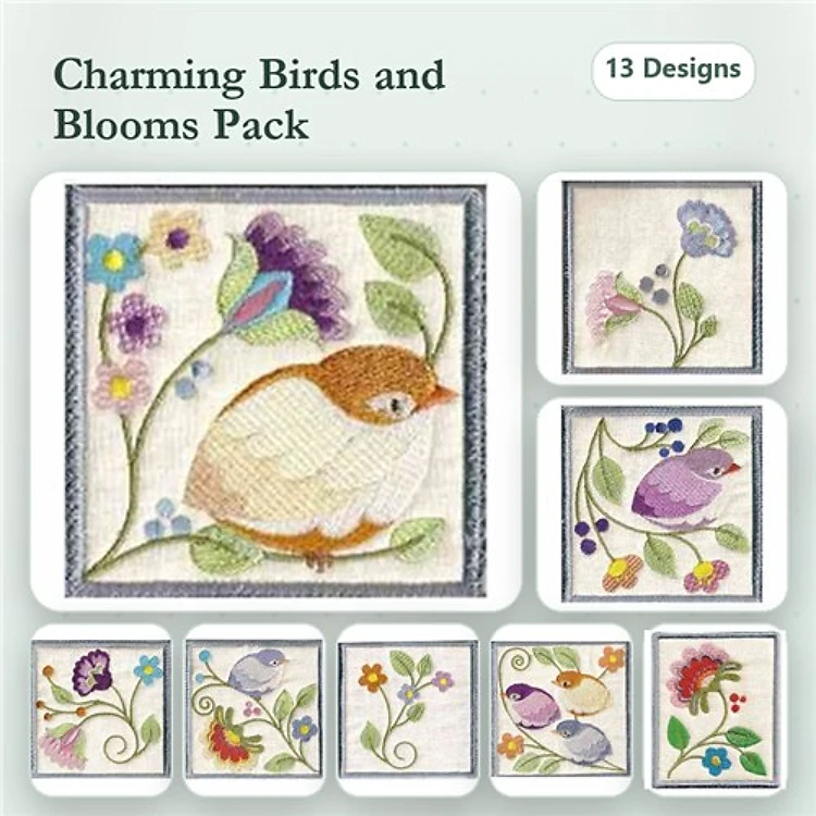 Charming Birds & Floral Embroidery Designs Bundle – Brown Bird, Purple Bird, Floral Arrangement & More (13 Designs)
