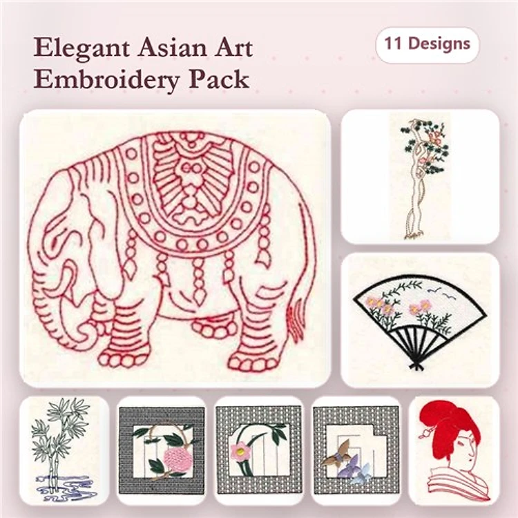 Redwork Elegant Asian Art Embroidery Designs Bundle – Elephant with Ornate Decoration, Woman with Flowers, Chinese Fan & More (11 Designs)