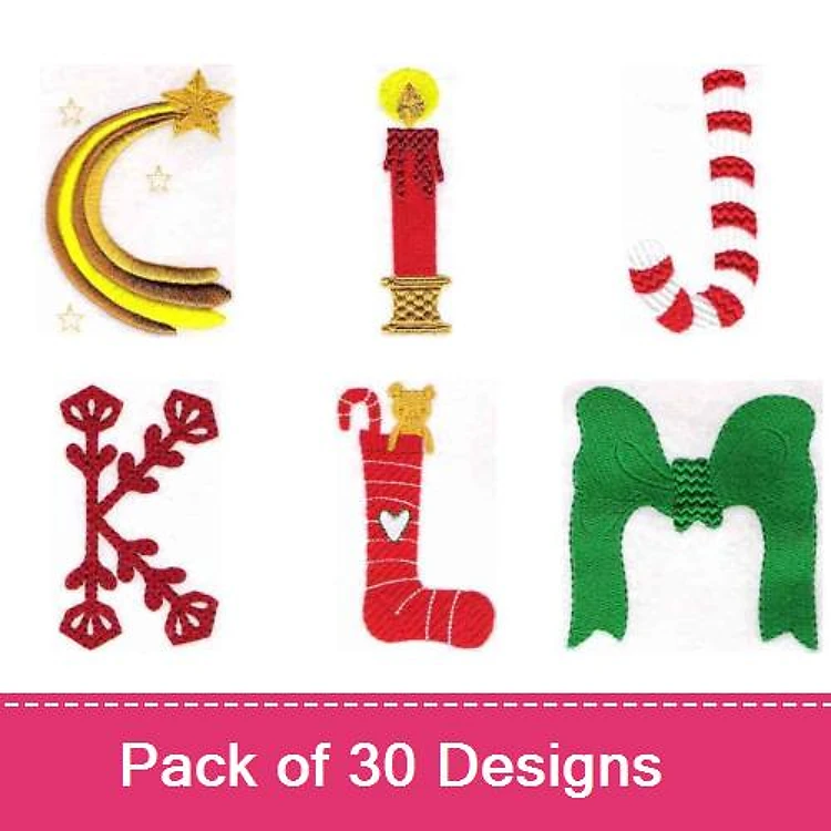 Applique Christmas Themed Letters & Ornaments Embroidery Bundle – Star Ornament, Candle, Candy Cane & More (30 Designs)