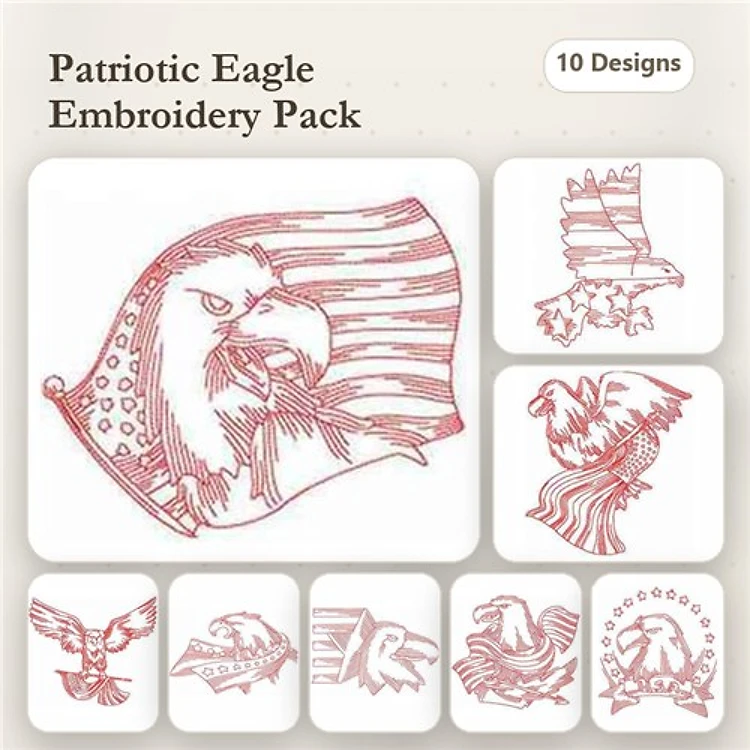 Redwork Patriotic Eagles Embroidery Designs Bundle – Eagle with American Flag, Flying Eagle, Eagle Clutching Flag & More (10 Designs)
