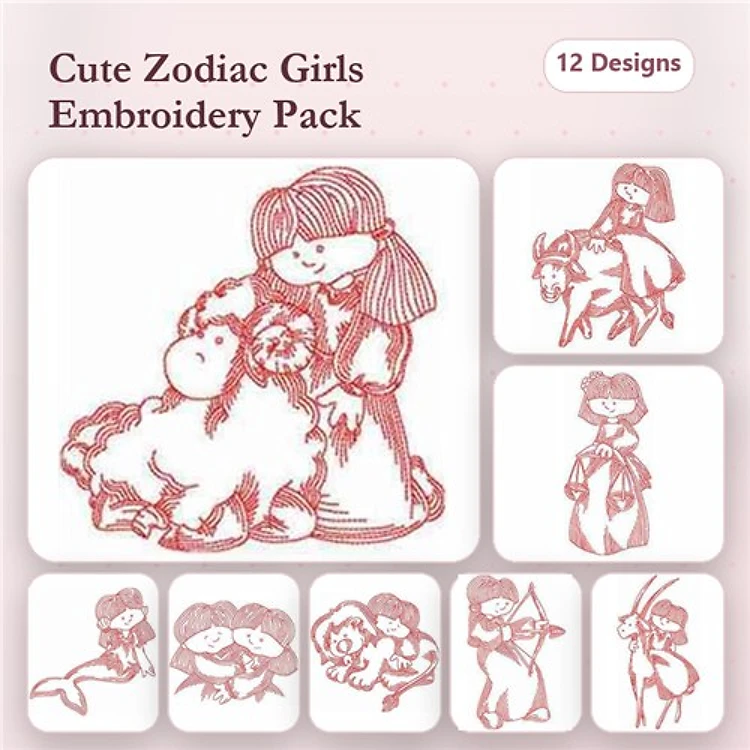 Redwork Zodiac Girls Embroidery Designs Bundle – Aries, Taurus, Gemini & More (12 Designs)