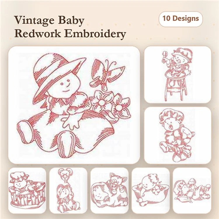 Redwork Vintage Baby Embroidery Designs Bundle – Girl with Hat, Boy on a Chair, Baby in a Basket & More (10 Designs)