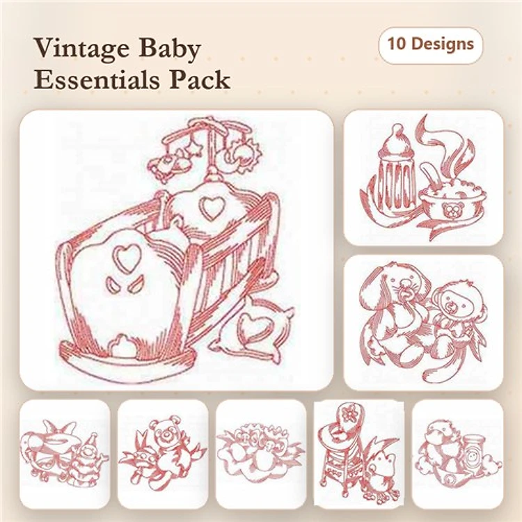 Redwork Vintage Baby Embroidery Designs Bundle – Baby Crib with Hearts, Baby Bottle, Bunny and Bear & More (10 Designs)