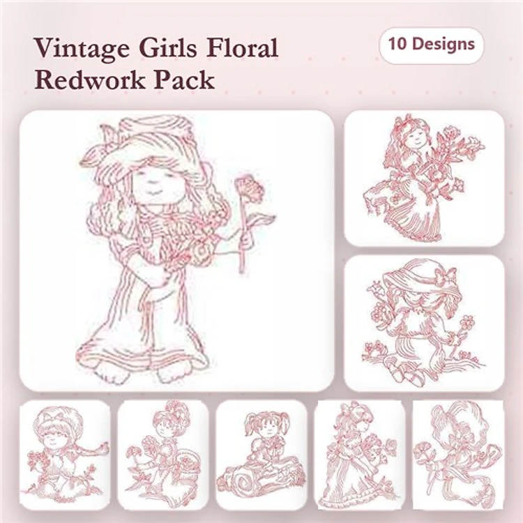 Redwork Vintage Girls Embroidery Designs Bundle – Girl with Flower, Girl Holding Roses, & More (10 Designs)