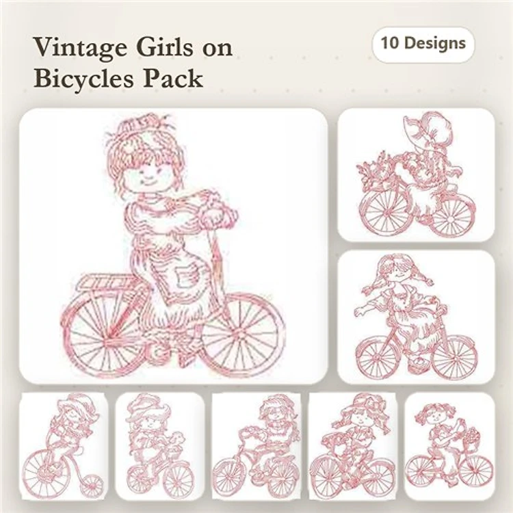 Redwork Vintage Girls on Bicycles Embroidery Designs Bundle – Girl with Cat, Girl with Hat, Girl with Dog & More (10 Designs)