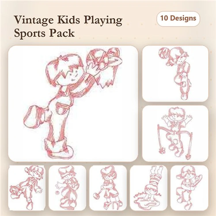 Redwork Vintage Kids Sports Embroidery Designs Bundle – Girl with Basketball, Boy with Soccer Ball, Child Playing Tennis & More (10 Designs)
