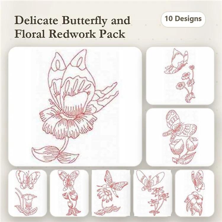 Redwork Delicate Butterfly & Floral Embroidery Designs Bundle – Butterfly with Floral, Floral Bouquet, Rose with Butterfly & More (10 Designs)