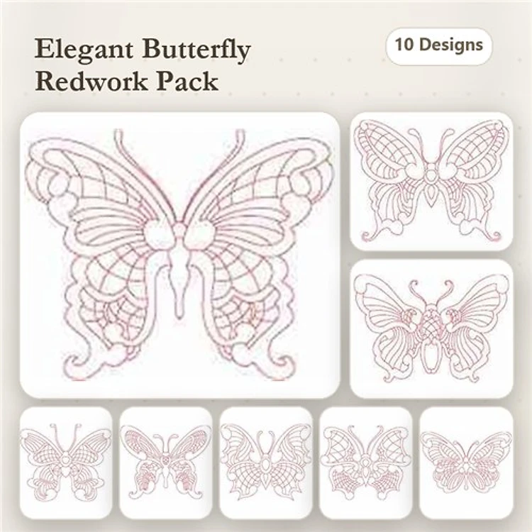Redwork Elegant Butterflies Embroidery Designs Bundle – Butterfly with Swirls, Ornate Butterfly, Decorative Butterfly A & More (10 Designs)