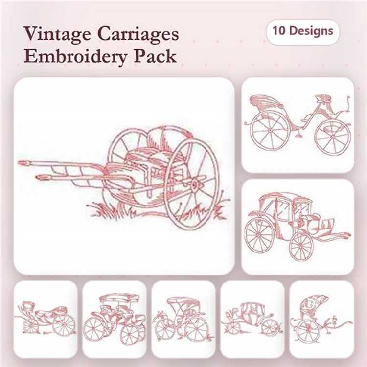 Redwork Vintage Carriages Embroidery Bundle – Horse-Drawn Carriage, Classic Carriage, Vintage Bicycle & More (10 Designs)