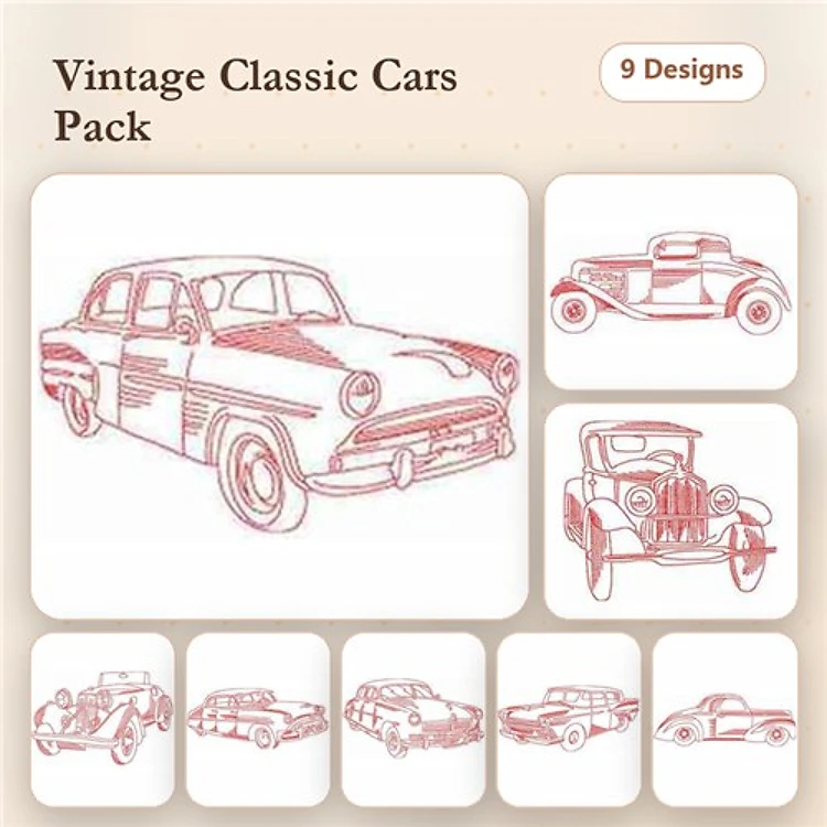 Redwork Classic Cars Embroidery Bundle – Classic Car 1950s, Convertible, Pickup Truck & More (9 Designs)