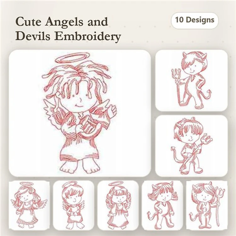 Redwork Angels & Devils Embroidery Designs Bundle – Angel with Harp, Cute Devil, Smiling Angel & More (10 Designs)