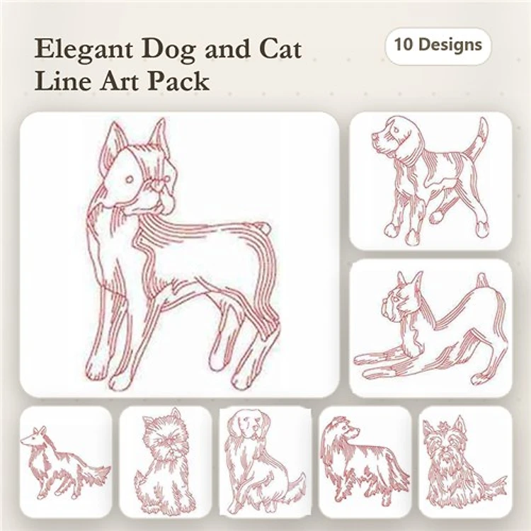 Dog & Fox Embroidery Bundle – Yorkshire Terrier, Collie & Poodle (10 Designs)
