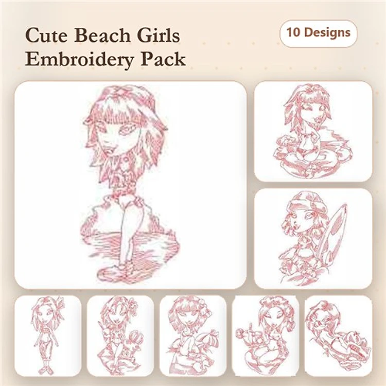 Redwork Beach Girls Embroidery Designs Bundle – Surfboard, Sunglasses, Flowers & More (10 Designs)