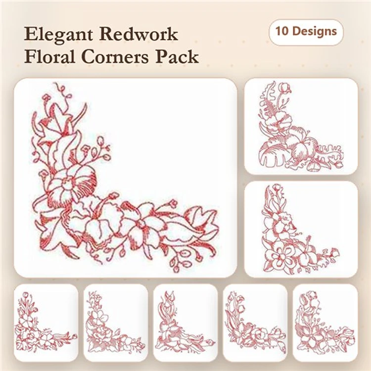 Redwork Floral Corner Embroidery Designs Bundle – Elegant Accents for Your Projects (10 Designs)