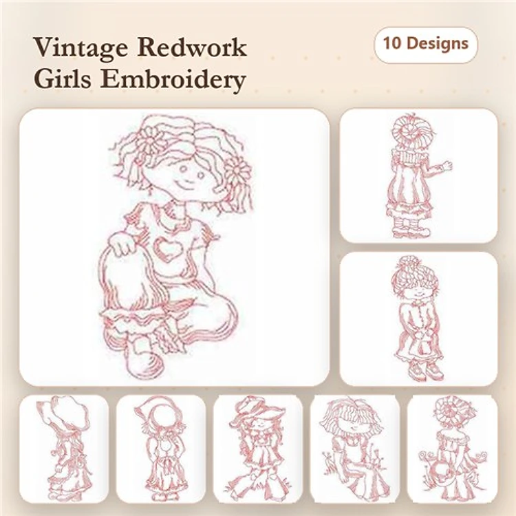 Redwork Vintage Girls Embroidery Bundle – Sitting Girl with Heart, Girl in Hat, Walking Girl with Umbrella & More (10 Designs)