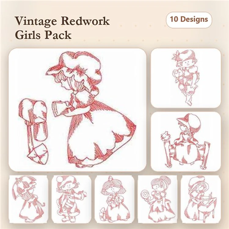 Redwork Vintage Girls Embroidery Designs Bundle – Girl with Hat, Girl Playing with Ball, Girl Reading & More (10 Designs)