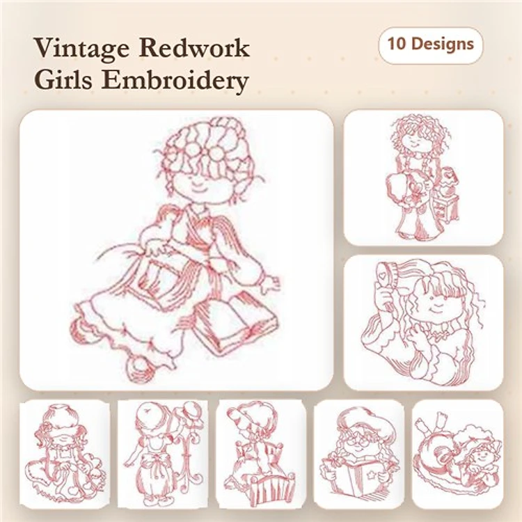 Redwork Vintage Girls Embroidery Designs Bundle – Girl with Books, Girl Holding Doll, Girl with Basket & More (10 Designs)