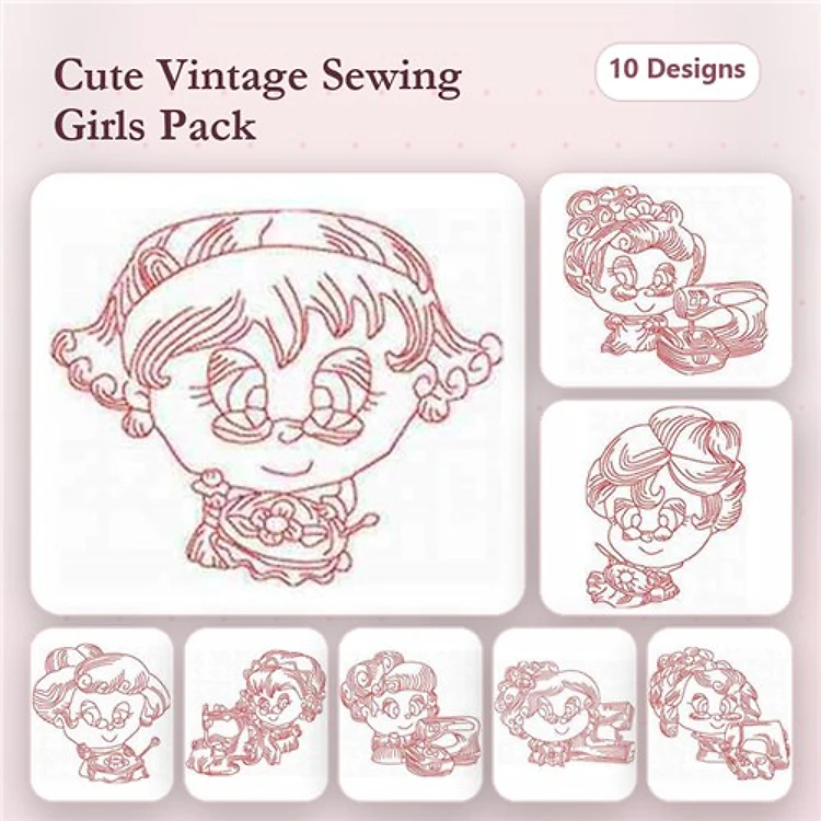 Redwork Cute Vintage Sewing Girls Embroidery Designs Bundle – Sewing Girl with Glasses, Girl with Scissors & More (10 Designs)