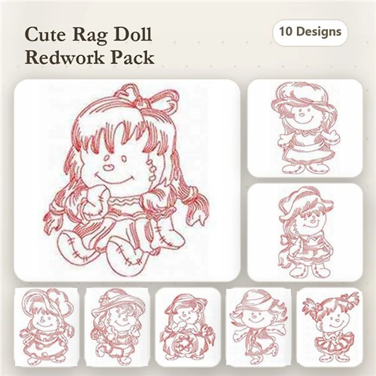 Redwork Cute Rag Dolls Embroidery Bundle – Rag Doll with Bow, Rag Doll in Dress, Rag Doll with Hat & More (10 Designs)