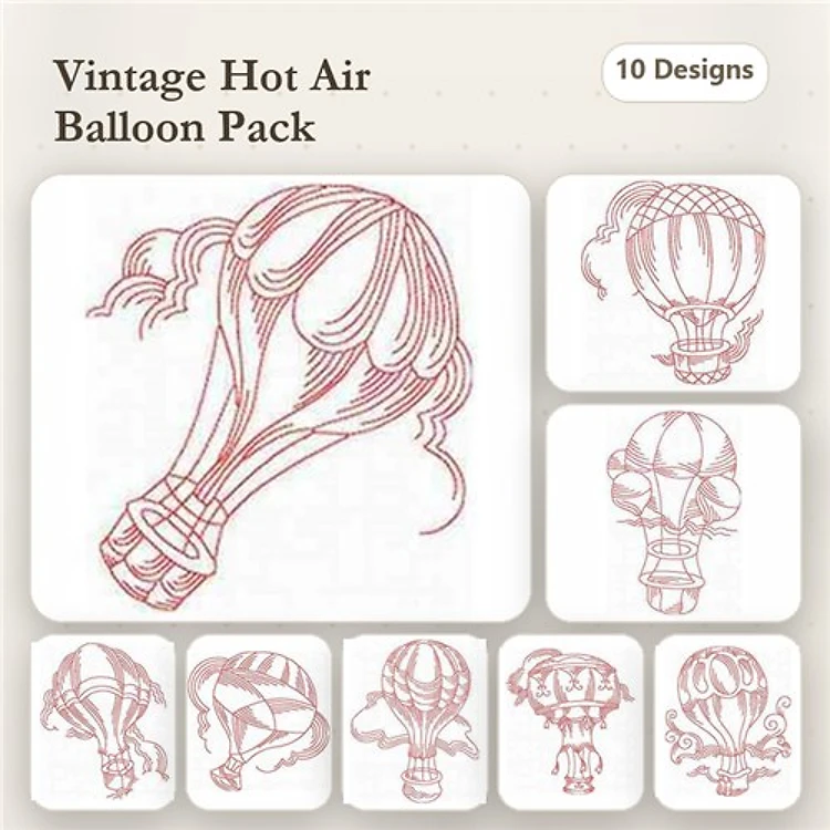 Redwork Vintage Hot Air Balloon Embroidery Designs Bundle – Vintage Hot Air Balloon 1, Vintage Hot Air Balloon 2, Vintage Hot Air Balloon 3 & More (10 Designs)