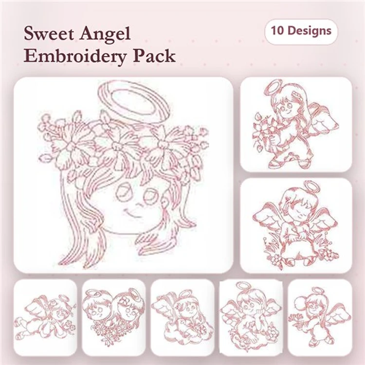 Redwork Angel Embroidery Designs Bundle – Angel with Flower Crown, Angel Holding Flowers, Smiling Angel & More (10 Designs)