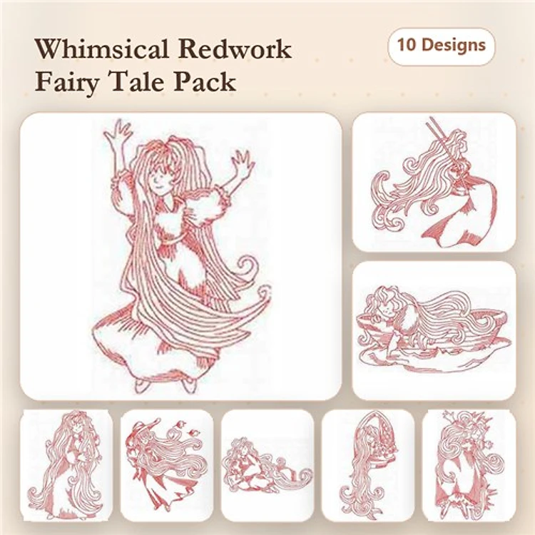Redwork Fairy Tale Characters Embroidery Designs Bundle – Fairy Princess, Mermaid, Witch & More (10 Designs)