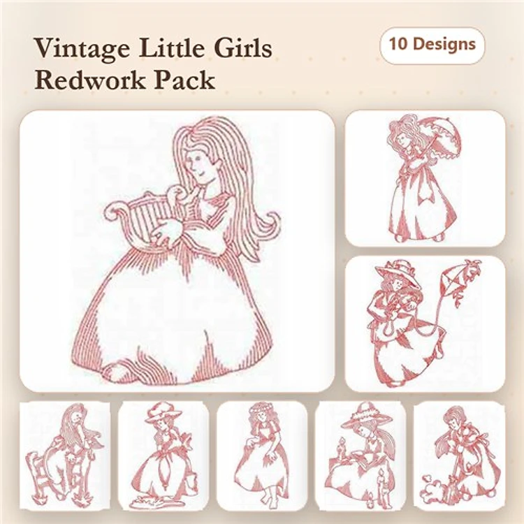 Redwork Vintage Little Girls Embroidery Designs Bundle – Girl Playing Harp, Girl with Umbrella, Girl with Hat & More (10 Designs)