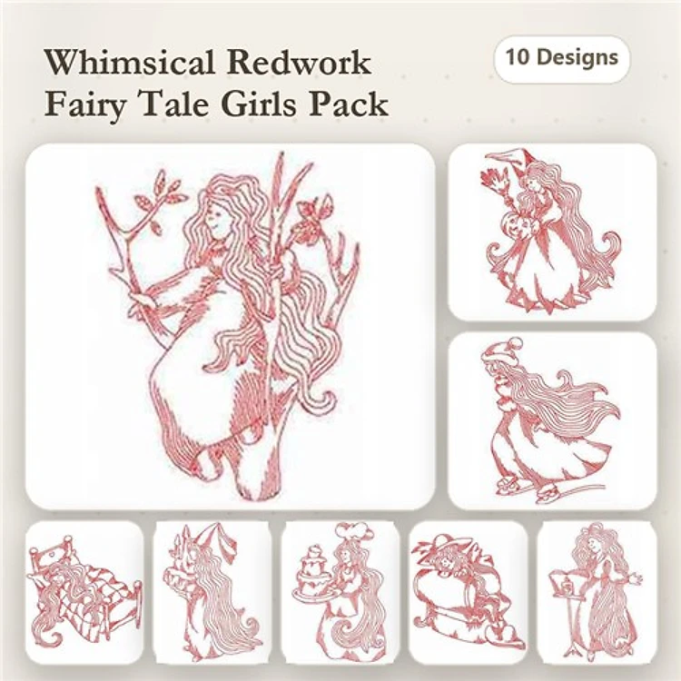 Redwork Fairy Tale Girls Embroidery Designs Bundle – Girl with Flower, Girl Holding a Book, Girl Waving & More (10 Designs)