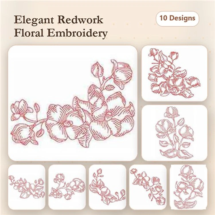 Redwork Elegant Floral Embroidery Bundle – Orchid Bouquet, Floral Spray, Blossoming Orchid & More (10 Designs)