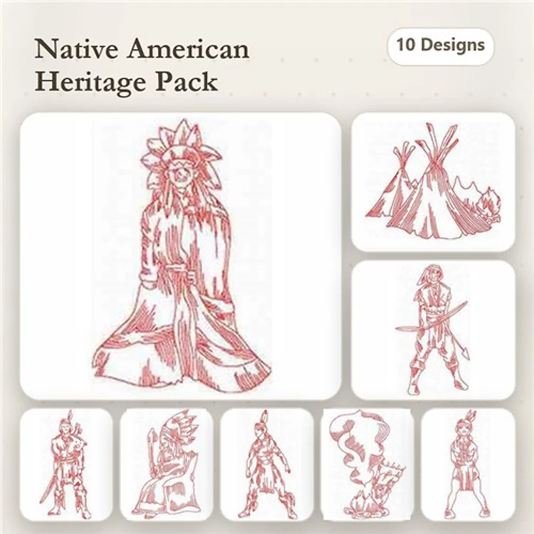 Redwork Native American Heritage Embroidery Designs Bundle – Native American Chief, Warrior with Spear, Fire Ceremony & More (10 Designs)