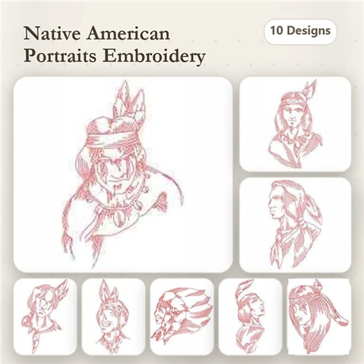 Redwork Native American Portraits Embroidery Designs Bundle – Male & Female Portraits, Chief, Warrior & More (10 Designs)
