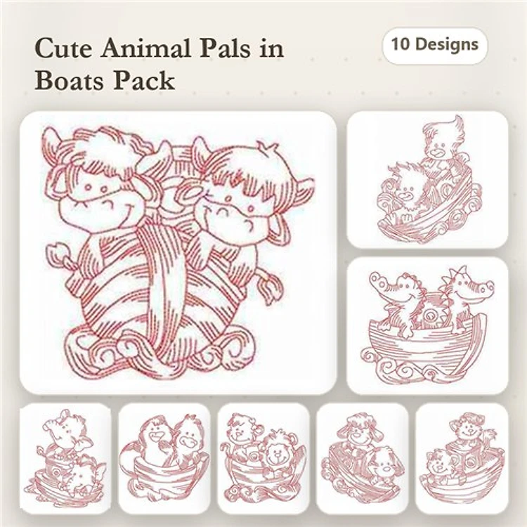 Animal Friends Embroidery Bundle – Cute Boat Adventures (10 Designs)