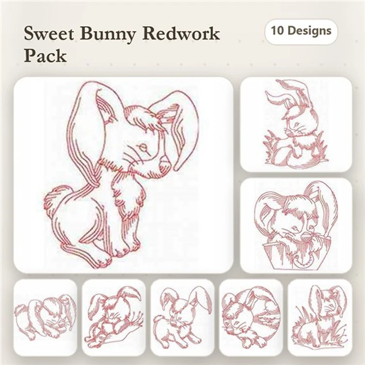 Redwork Bunny Embroidery Designs Bundle – Bunny Sitting, Bunny with Flowers, Bunny Playing & More (10 Designs)