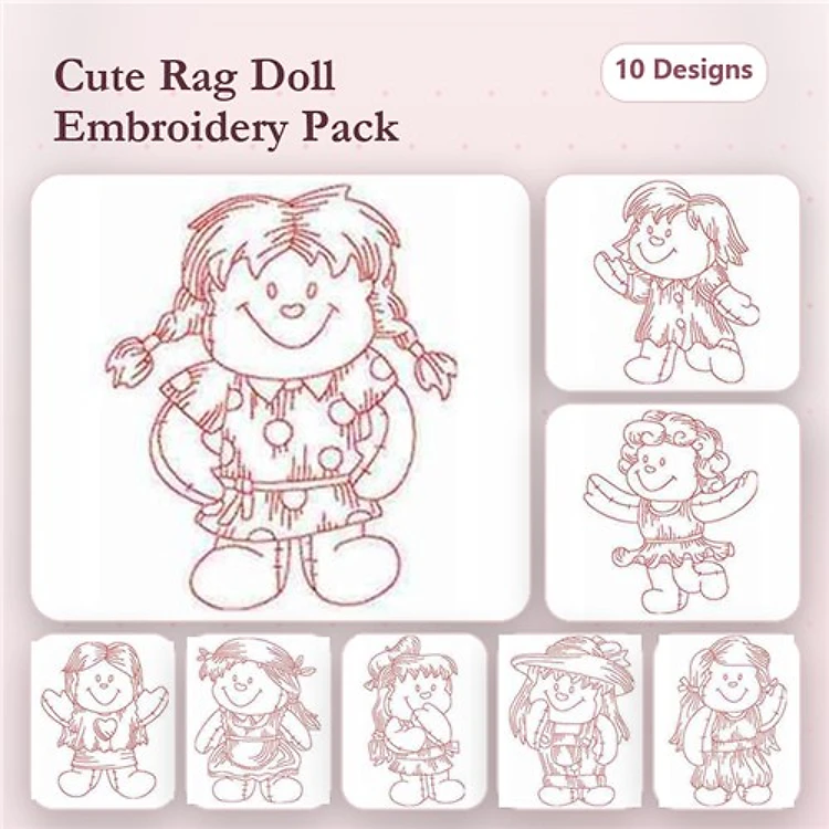 Redwork Cute Rag Dolls Embroidery Designs Bundle – Rag Doll with Pigtails, Rag Doll in Dress, & More (10 Designs)
