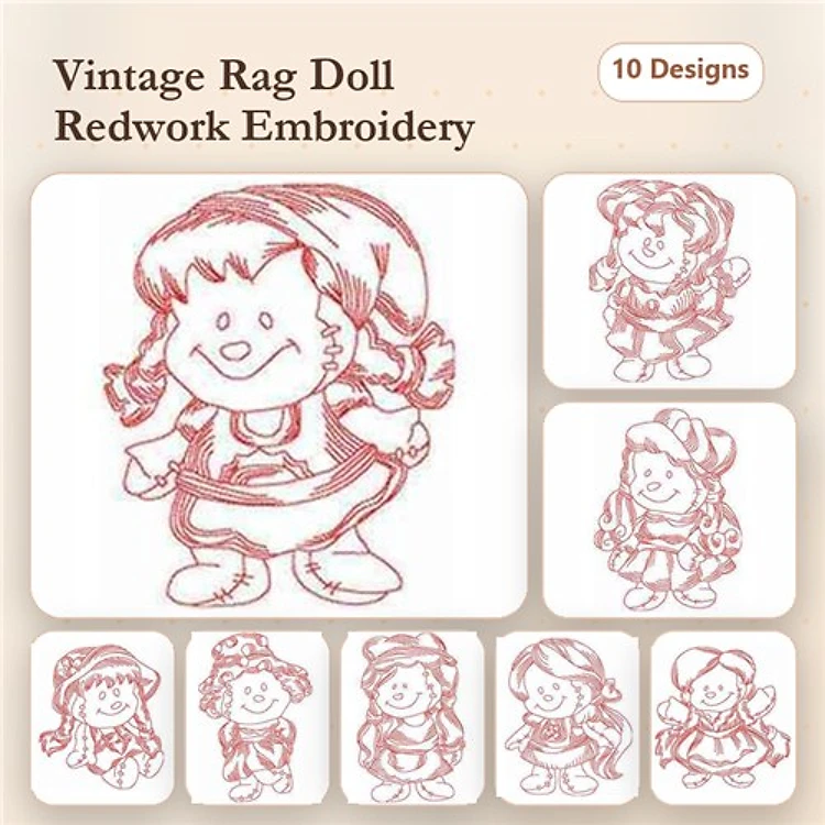 Redwork Vintage Rag Dolls Embroidery Designs Bundle – Girl Rag Doll with Pigtails, Bonnet, Hat & More (10 Designs)