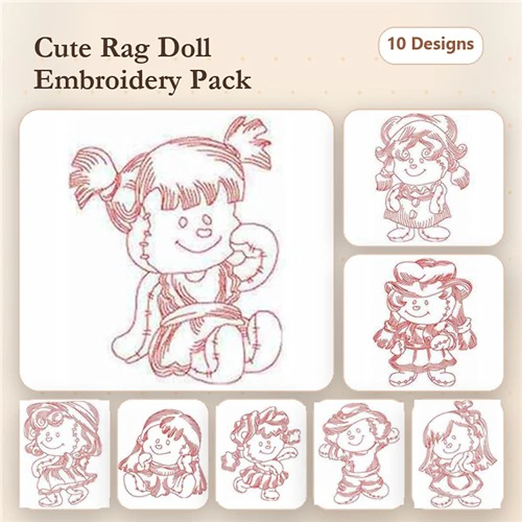 Redwork Cute Rag Doll Embroidery Designs Bundle – Girl Rag Doll with Pigtails, Bonnet, Dress & More (10 Designs)