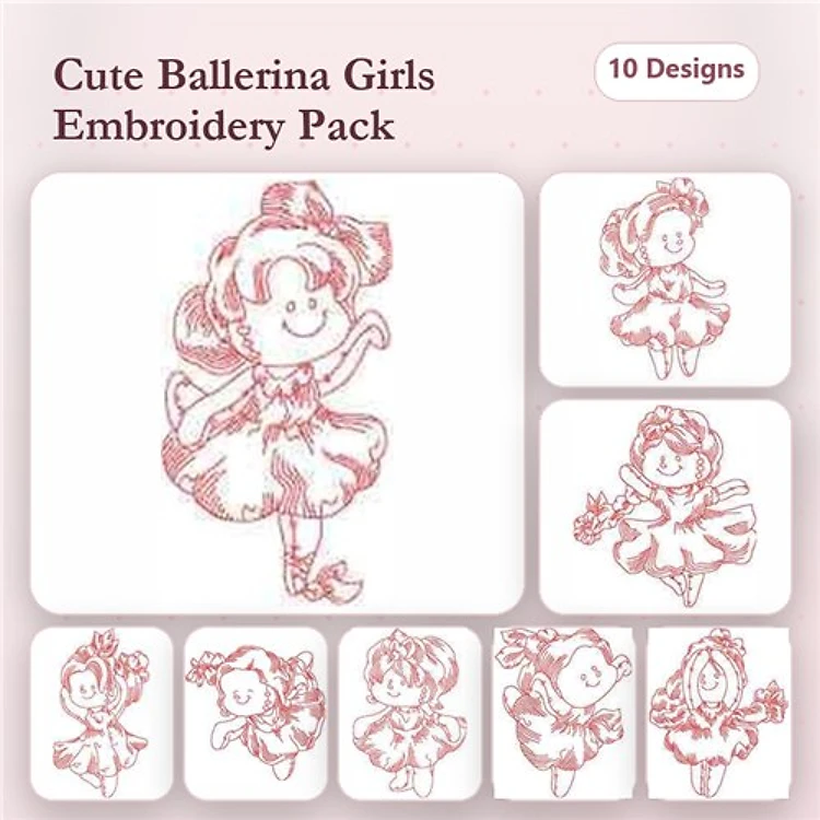Redwork Ballerina Girls Embroidery Designs Bundle – Ballerina Girl with Bow, Ballerina Girl with Flower, & More (10 Designs)
