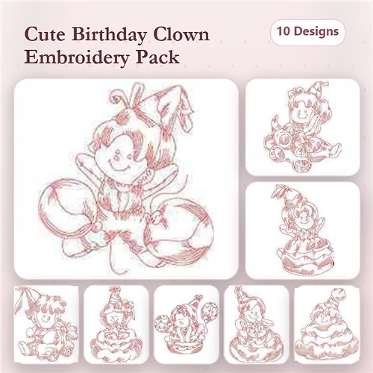 Redwork Birthday Clown Embroidery Designs Bundle – Clown with Balloons, Clown with Cake, Waving Clown & More (10 Designs)