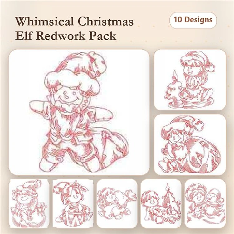 Redwork Whimsical Christmas Elf Embroidery Designs Bundle – Elf with Bag, Elf Playing with Snowman & More (10 Designs)