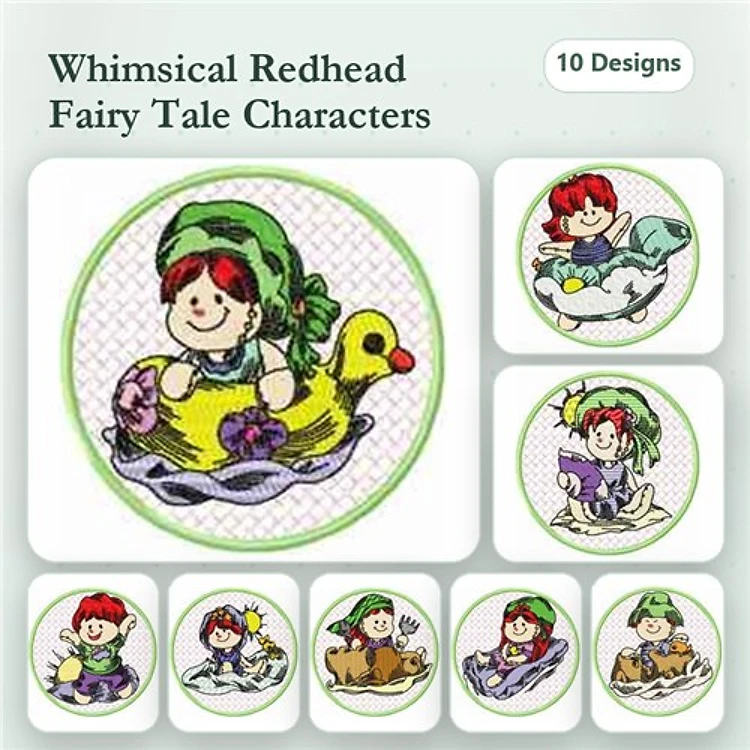 Fairy Tale Characters Embroidery Designs Bundle – Character with Duck, Fish, Flower & More (10 Designs)