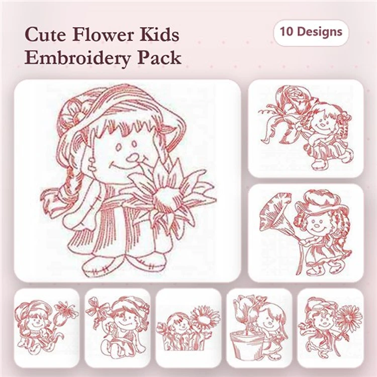 Redwork Flower-Themed Kids Embroidery Designs Bundle – Girl with Lily, Girl with Bouquet, & More (10 Designs)