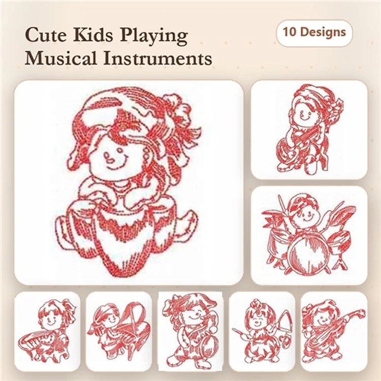 Redwork Kids Playing Musical Instruments Embroidery Designs Bundle – Girl with Drum, Boy with Guitar, Girl Singing & More (10 Designs)
