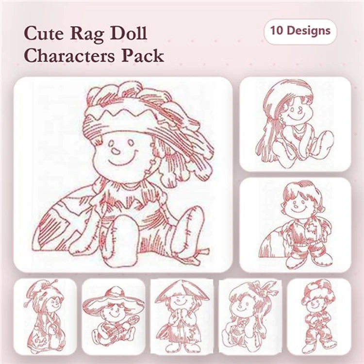 Redwork Rag Doll Characters Embroidery Designs Bundle – Native American, Explorer, Pirate & More (10 Designs)