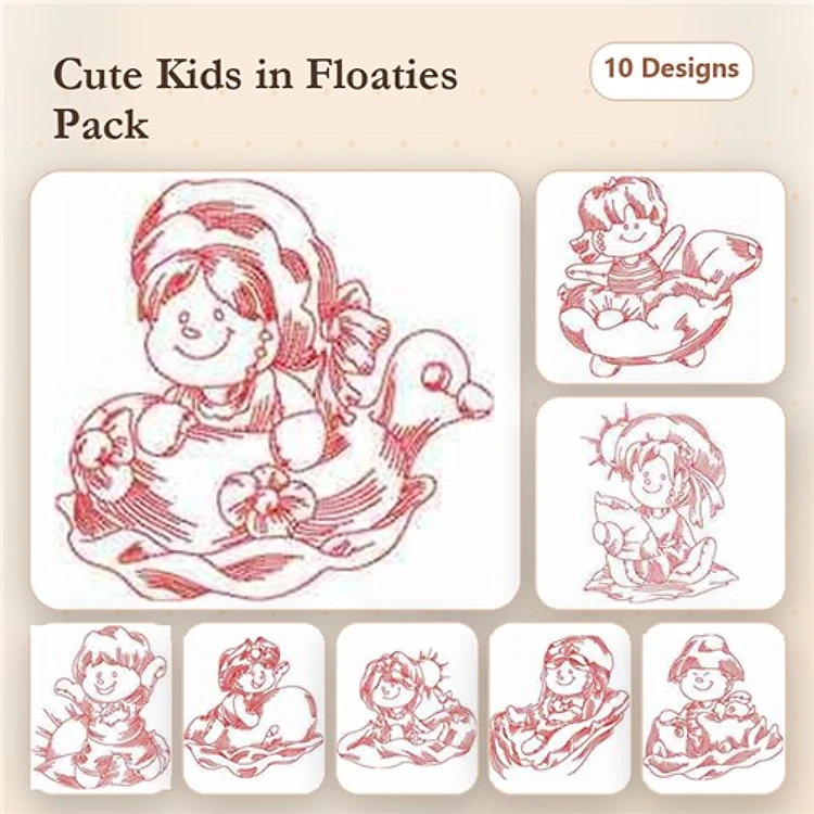 Redwork Children in Floaties Embroidery Designs Bundle – Girl in Swan Floatie, Boy with Duck Floatie, & More (10 Designs)